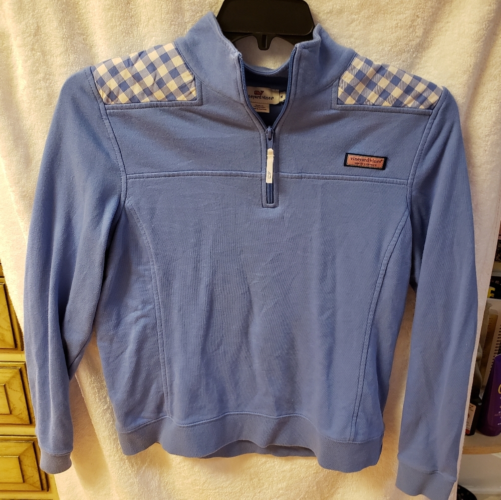 Vineyard Vines Light Blue Quarter-Zip Pullover with Gingham Shoulder Panels